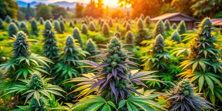In a vibrant outdoor garden, thriving autoflowering cannabis plants burst with color and health, perfectly ready for harvest, celebrating nature&acirc;&euro;&trade;s beauty and bountiful yield.