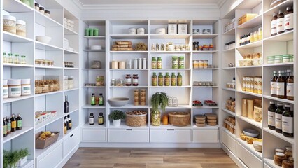 A well-organized pantry with white shelves stocked with various food items and kitchen supplies.