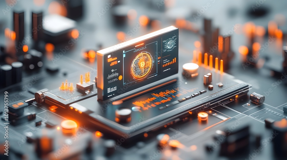Poster stunning 3d rendering of a blockchain powered bioinformatics platform featuring a holographic data v
