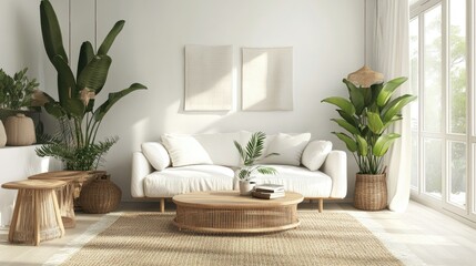 Naklejka premium Bright living room with a white linen sofa, neutral tones, and Scandinavian-style furniture. Large indoor plants and a textured rug complete the look.