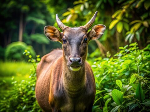 In its natural habitat, the enchanting Lowland Anoa reveals unique traits of this endangered species, featuring striking horns and a serene, gentle personality.