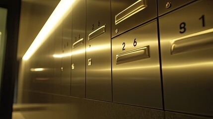 Close-up of modern condominium mailboxes in a well-designed mailroom. Numbered mailboxes with a glossy finish, illuminated by bright lighting from overhead.