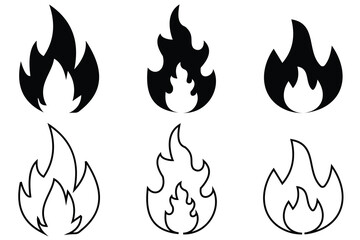 Fire flames set, icon collection. Fire flame symbol. Bonfire silhouette,  vector, line art icon, logo design on white background. Campfire symbol. Fire icon, silhouette. Bonfire vector illustration.