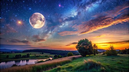 In the tranquil dusk, a brilliant moon and shining star illuminate the landscape, creating a mesmerizing scene filled with peace and tranquility.
