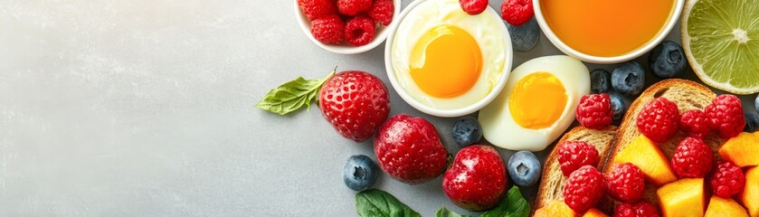 A vibrant breakfast spread featuring fresh fruits, eggs, and toast, perfect for healthy eating concepts, culinary blogs, or nutrition-related projects