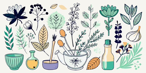 A collection of botanical line art elements featuring various herbs and medicinal plants.

