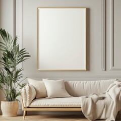 A modern living room featuring a large white framed artwork, blending style and sophistication in elegant interior design.