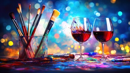 Art and wine night banner with paintbrushes, wine glasses, and creative splashes of color, ready to advertise summer sip and paint deals.