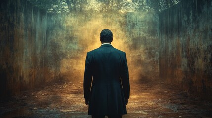 Obraz premium A man in a suit stands in a dark room with a foggy atmosphere