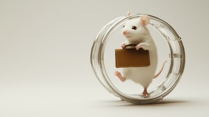 White mouse gripping a briefcase while endlessly walking on a hamster wheel, symbolizing the unending cycle of work fatigue.