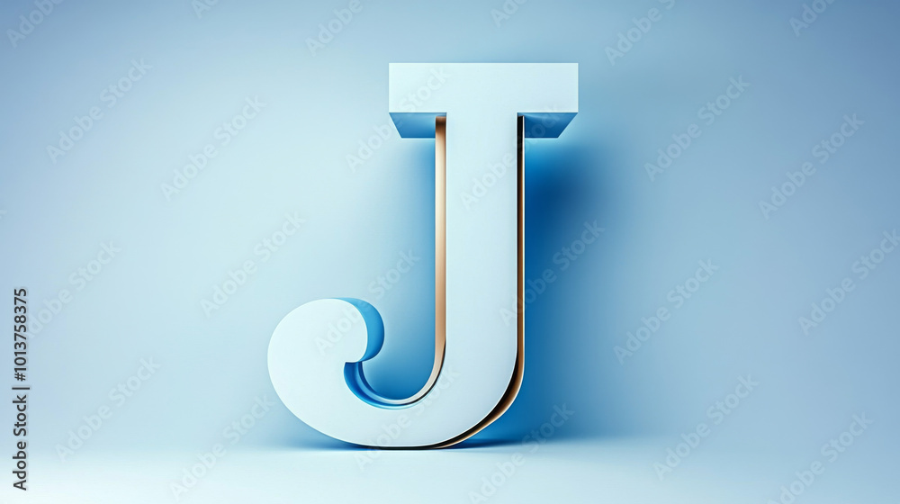 Poster A 3D rendering of the letter J in a light blue color with a gold outline, set against a light blue background.