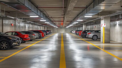 Underground parking exit view with rows of parked cars, concrete walls, and directional signs leading to the exit gate. Dim lighting and a glimpse of daylight ahead.