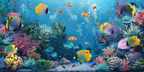 A calm and soothing underwater aquarium, filled with tropical fish swimming among colorful coral reefs.