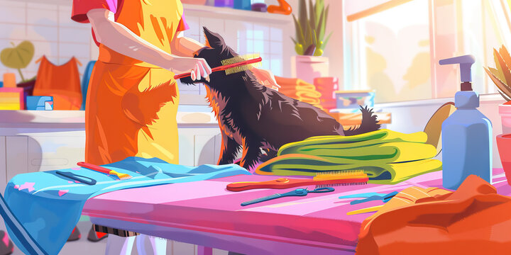 A pet groomer meticulously brushing a sleek, black dog in a brightly lit salon, with colorful towels and tools spread out around them.