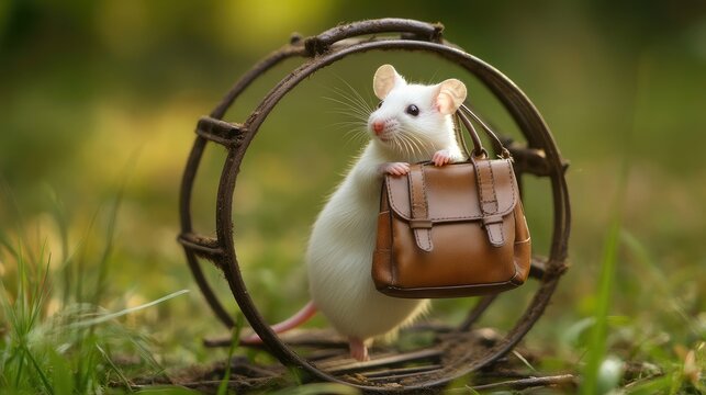 White mouse holding a tiny work bag, walking on a hamster wheel, symbolizing endless work and fatigue, representing the grind of daily tasks.