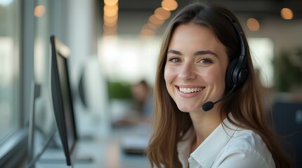 Female wearing a headset and working in computer, young woman adviser working in customer service, professional operator representative call center help desk online employee smiling in workplace call.