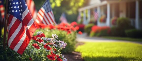American flags and flowers in a sunny yard, natural light, blurred grass, and bokeh effect
