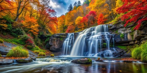 Majestic Autumn Waterfalls Surrounded by Colorful Foliage in a Tranquil Nature Setting