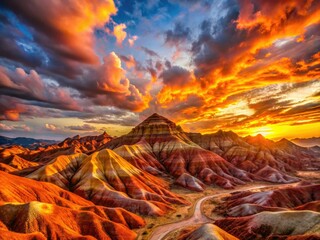 Majestic Flaming Mountains at Sunset with Fiery Hues and Dramatic Skies Captivating Nature's Beauty