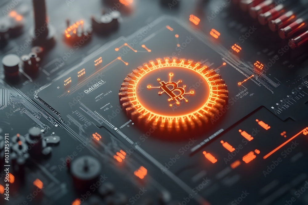 Poster cutting edge blockchain powered 3d render of intricate bioinformatics and retrofuturistic cityscape 