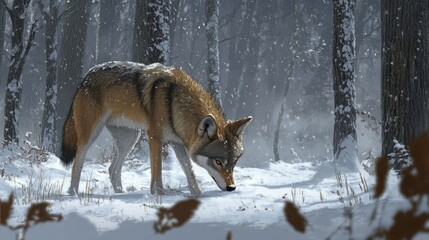 A Eurasian wolf cautiously sniffing the ground in a snowy forest, surrounded by tall trees and a blanket of fresh snow. Its sharp senses are fully engaged in the wilderness.