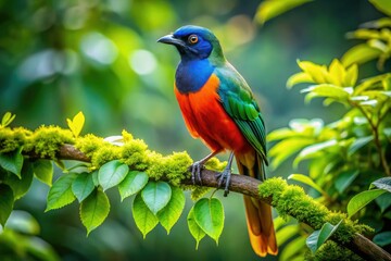 Obraz premium Majestic Rare Birds in Vibrant Colors Perched Gracefully on Branches in a Lush Green Environment
