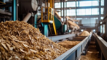 Biomass facility converting biodegradable waste into energy, highlighting sustainable processes and eco-friendly machinery in a clean, organized environment.