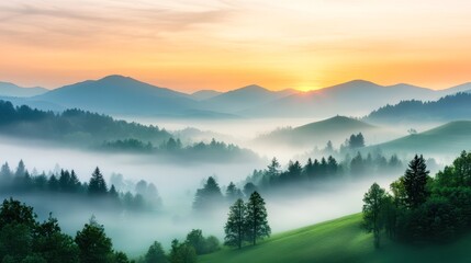 Obraz premium A serene landscape captures misty mountains and lush greenery at sunrise, creating a tranquil atmosphere ideal for nature-themed projects, travel brochures, or wellness content,