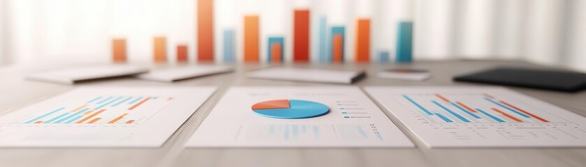 Business analysis with graphs, charts, and data reports on a table, showcasing financial trends and performance insights.