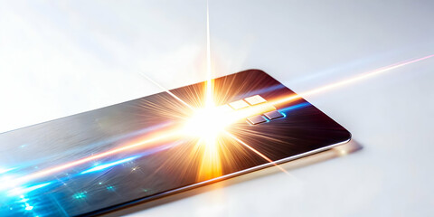 Glossy Background of Glowing Credit Card Swipe for Cyber Monday Purchases - Close-Up View Highlighting Online Shopping and Financial Transactions