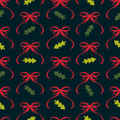 Christmas and New Year seamless pattern. Winter festive flat style background. Red bow festive print. Perfect for wallpaper, background, wrapping paper stationary, fabric, scrapbooking, prints.