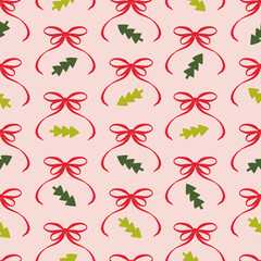 Christmas and New Year seamless pattern. Winter festive flat style background. Red bow festive print. Perfect for wallpaper, background, wrapping paper stationary, fabric, scrapbooking, prints.