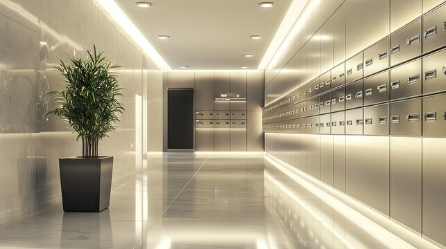 A modern mailroom in a condominium with rows of metallic mailboxes. Bright, ambient lighting and a clean design with polished floors and sleek surfaces.