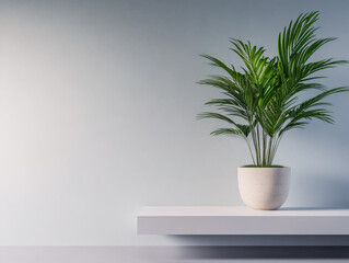 Green indoor palm plant in modern pot against light blue wall, adding freshness to the living space