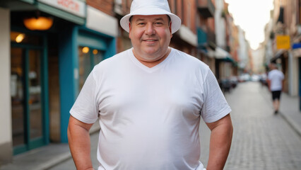 Fototapeta premium Plus size man wearing white t-shirt and white bucket hat standing on the street