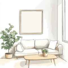 Artistically illustrated living room features a cozy white sofa, lush plant, and elegant framed canvas on the walls.