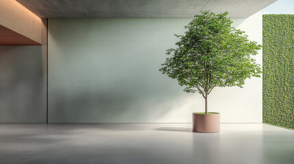 Modern indoor space featuring a lush green tree in a simple planter against a sleek backdrop
