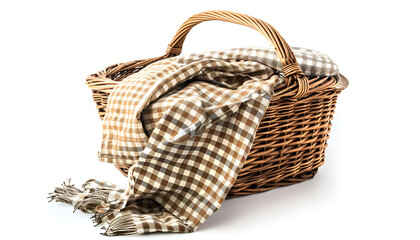 Obraz premium One picnic wicker basket with checkered napkin isolated on white