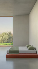 Fototapeta premium Minimalist bedroom with natural light and greenery view in a serene interior space