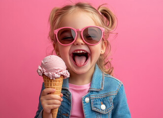 A little girl in sunglasses and a denim jacket holds an ice cream cone on a pink background.
