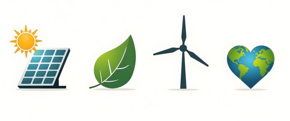 Obraz premium Stylish Earth Day icons set with solar panel, wind turbine, leaf, and heart-globe on white background
