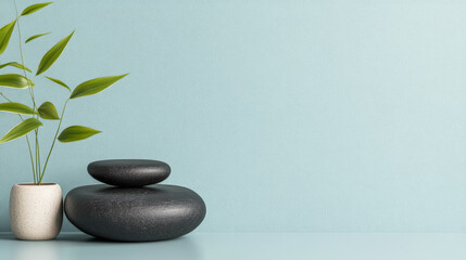 A serene interior arrangement with green plant and smooth stones on a soft blue background