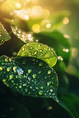 Dew Drops on Green Leaves at Sunrise