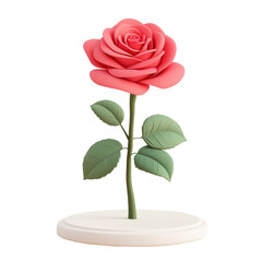 Fototapeta premium 3D single red rose on stand illustration with detailed green leaves. Ideal for romantic or decorative design projects, symbolizing love, passion, and elegance. Isolated on transparent background, png.