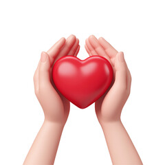3D hands holding a red heart illustration, symbolizing care, love, and compassion. Perfect for love, charity, or emotional-themed design projects. Isolated on transparent background, png.
