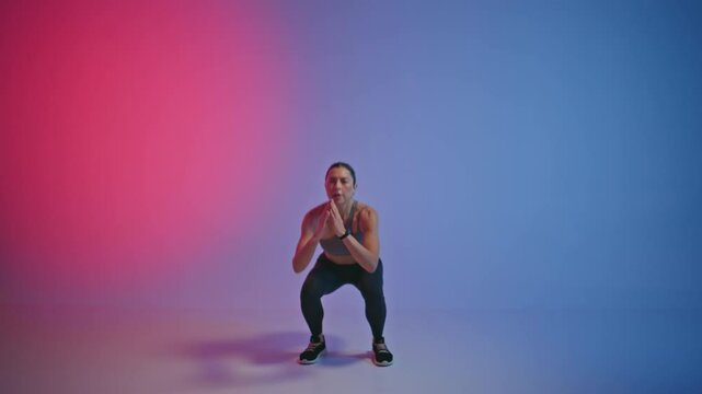 Fit girl doing squat exercise with high jump neon room. Athlete cardio workout