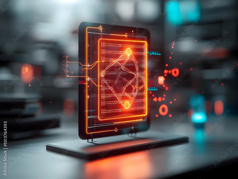 Poster futuristic 3d blockchain dna data storage system depicted as a holographic display of interconnected