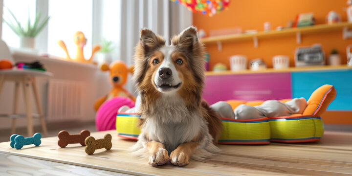 A lively dog with a colorful dog bed and chew toys in the background, waiting patiently on a table for a routine checkup.