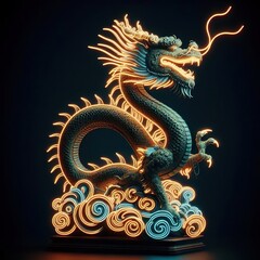 Fototapeta premium A Beautiful chinese dragon on a black background. 3D rendering. Neon lights