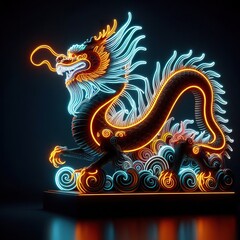 A Beautiful chinese dragon on a black background. 3D rendering. Neon lights